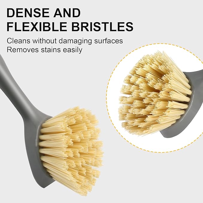 2 Pcs Kitchen Scrub Brush with Bamboo Handle, Dishwashing Brush Built-in Scraper, Dish Scrubber for Kitchen Cleaning, Pots, Pans, Sink, Counter and Cast Iron Cookware