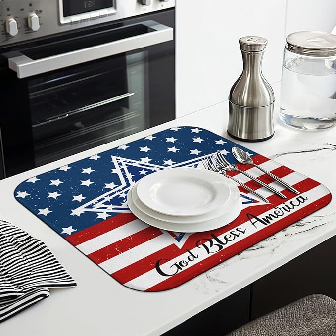 4th of July Dish Drying Mat for Kitchen Counter,Independence Day Stars Memorial Fallen Soldiers Microfiber Drying Mat, Washable Absorbent Patriot Kitchen Countertop Dish Mat Draining Mat 16×18 Inch