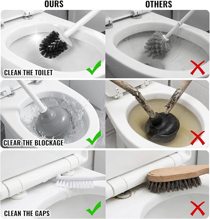 3-in-1 Toilet Brush and Plunger Set with Hidden Holder, Vented Stand & Drip Tray, Hangable or Freestanding, 360° Deep-Clean Brush Head + Gap Brush, Shatter-Resistant Handles（White）