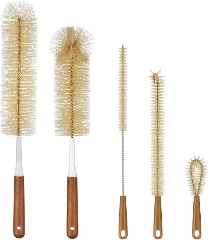 ALINK 5-Pack Bottle Brush Cleaner - Extra Long Bamboo Handle Water Bottle Straw Cleaning Brush for Washing Narrow Neck Beer Wine Decanter, Sports Bottle, Thermos, Flask, Jug