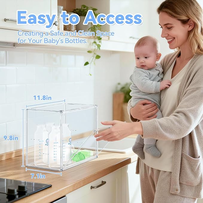 Baby Bottle Organizer for Countertop, Small Clear Bottle Storage Organizer, Baby Bottle Storage Organizer for Bottles, Nipples, Pump Parts & Food Jars, Nursery Cabinet, Kitchen Pantry