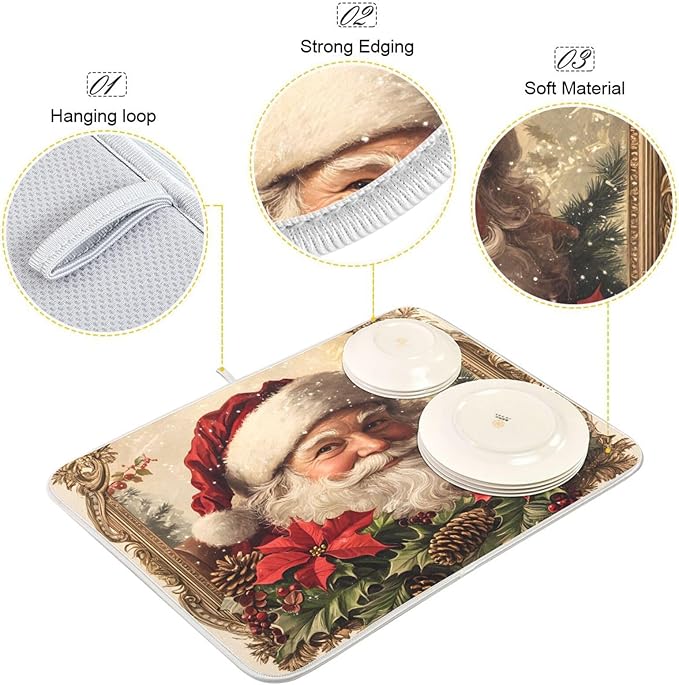 Christmas Santa Claus Poinsettia Dish Drying Mat for Kitchen Counter Absorbent Microfiber Drying Pad, Large 18x24 in