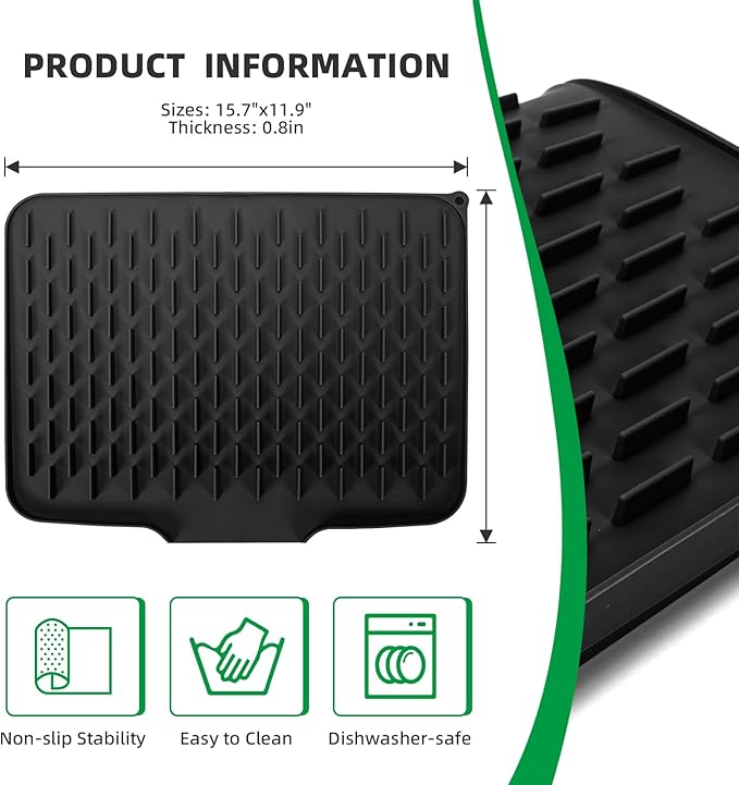 LONGKING Black Non-Slip Dish Drying Mat - Multi-Use Silicone Mat & Dish Drying Rack for Kitchen Counter