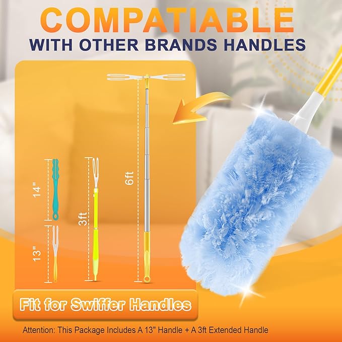 60-Pack Heavy Duty Duster Refills Compatible with Swiffer, 3FT Extendable Handle, 5X Multi-Surface Microfiber Duster for Home, Fans, Blinds, Vents & Car Cleaning