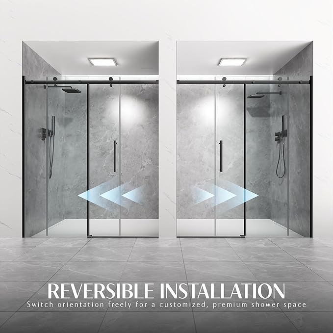 Shower Door 56-60'' W x 72'' H Semi-Frameless & Double Sliding, 1/4 inch (6mm) Thickness Clear Tempered Glass for Walk-in Shower,Matte Black