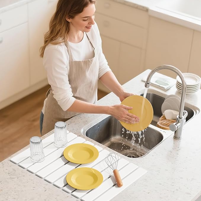 Large Stone Dish Drying Mats for Kitchen Counter,23.6“x 15.3”,Eco-Friendly,Foldable quick dry stone mat kitchen,Absorbent Diatomaceous Earth Mats for Dishes Bottles Cups Bathroom Any Countertop-white