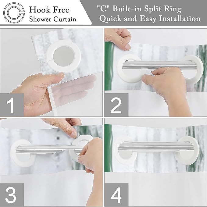 No Hook Shower Curtain with Snap in Liner, Hotel Style Dark Green White Gold Brush Strokes Art Modern Shower Curtain Waterpoof Washable with See Through Top Window,71"x86"