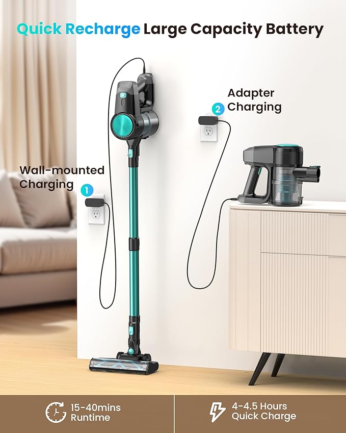 N3T Cordless Vacuum Cleaner,Wireless Stick Vacuum with 40mins Runtime,Self-Standing,Anti-Tangle Brush,Rechargeable Lightweight Vacuum Cleaner for Home,Hardwood Floor,Pet Hair, Carpet-Cyan Green