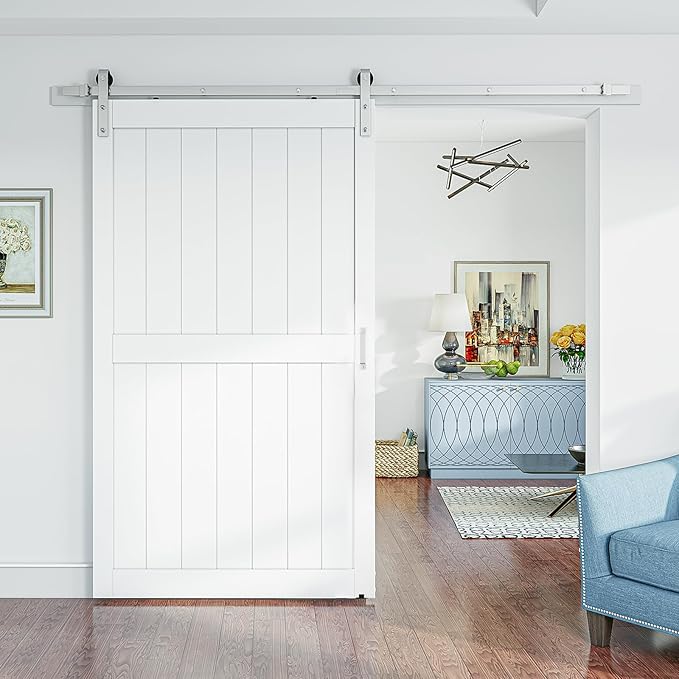 SmartStandard 48 x 84 inch White Sliding MDF Barn Door with 8FT Brushed Nickel Sliding Door Hardware Kit & Handle, Pre-Drilled Ready to Assemble, Waterproof PVC Coating, H-Frame