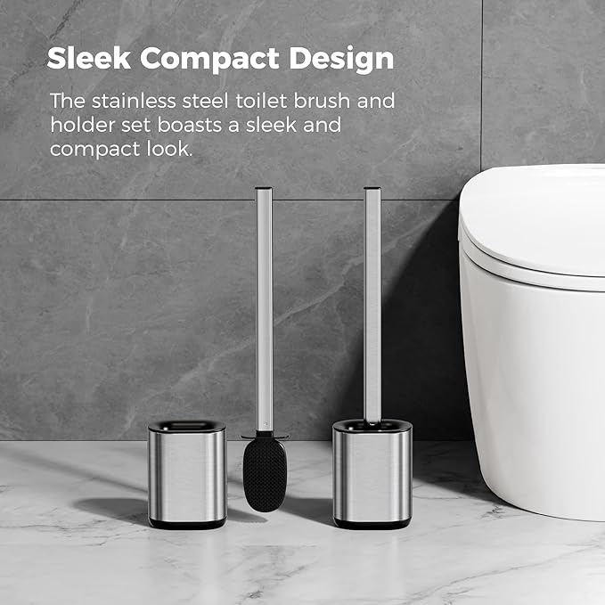 Toilet Brush and Holder Set Toilet Cleaning Brush with Silicone Bristles for Bathroom Stainless Steel Flexible Compact Toilet Bowl Brush (1, Stainless Steel)