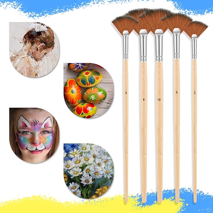 Fan Brush for Painting, 5 Pcs Artist Fan Paint Brushes Professional Anti-Shedding Nylon Hair Painting Brush with Long Wood Handle Drawing Supplies for Watercolor Oil Acrylic Painting