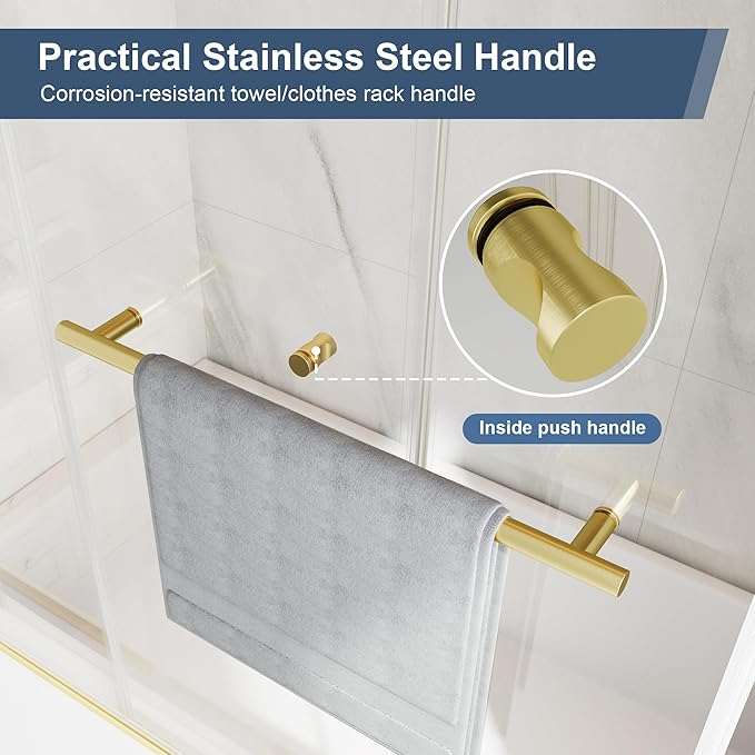 Frameless Bathtub Shower Door, 55-60" W x 60" H Double Sliding Tub Shower Door, 1/4''(6mm) SGCC Tempered Glass with Explosion-Proof Film Nano Coating, Brushed Gold