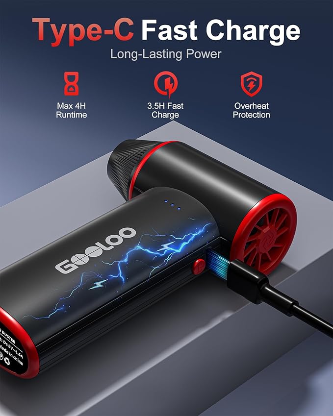 GOOLOO F3 Compressed Air Duster, 150000RPM Duster for Cleaning, 3-Gear Rechargeable Electric Air Blower with Fast Charging, Cordless Mini Blower for PC, Computer, Car, Keyboard, Outdoor