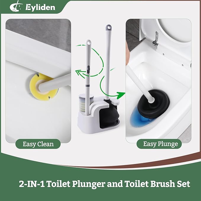 Eyliden Disposable Toilet Brush and Plunger Combo | 2-in-1 Toilet Bowl Wand Kit - 10 Count Pre-Soaked Refill Heads, 3-Step Plunger, Storage Holder - Compact Toilet Cleaning System (White)
