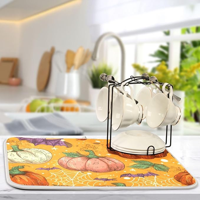 Halloween Colorful Pumpkin Pattern Dish Drying Mat for Kitchen Counter Super Absorbent Drying Mat 16x18 inch Large Dish Drying Matts for Countertop Protector Dishes Pad
