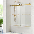 Brushed Gold Shower Door Tub with 3/8" (10mm) Clear SGCC Tempered Glass,56-60'' W x 62'' Frameless Double Sliding Bathtub Glass Shower Door,Anti-Rust Stainless Steel Handles