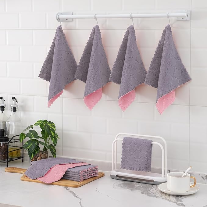 Mordimy 18 Pack Kitchen Cloths Dish Towels (10" x 10", Grey & Pink), Super Soft and Absorbent Dish Cloths, Coral Velvet Microfiber Cleaning Cloth, Nonstick Oil Fast Dry Dishcloths
