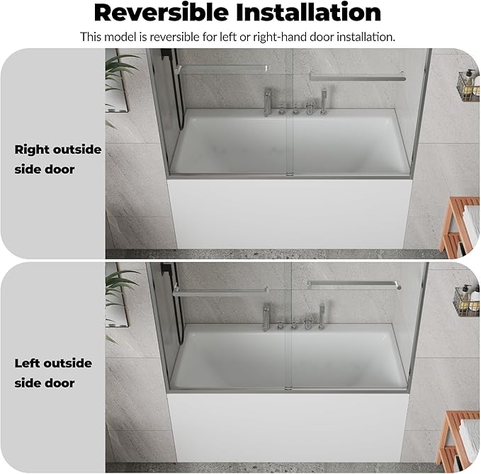 Bathtub Shower Door, 60" W x 59" H Sliding Tub Door with Dual Panels, 6mm (1/4") SGCC Tempered Glass with Explosion-Proof Film & Protective Coating, Brushed Nickel Aluminum Alloy Frame
