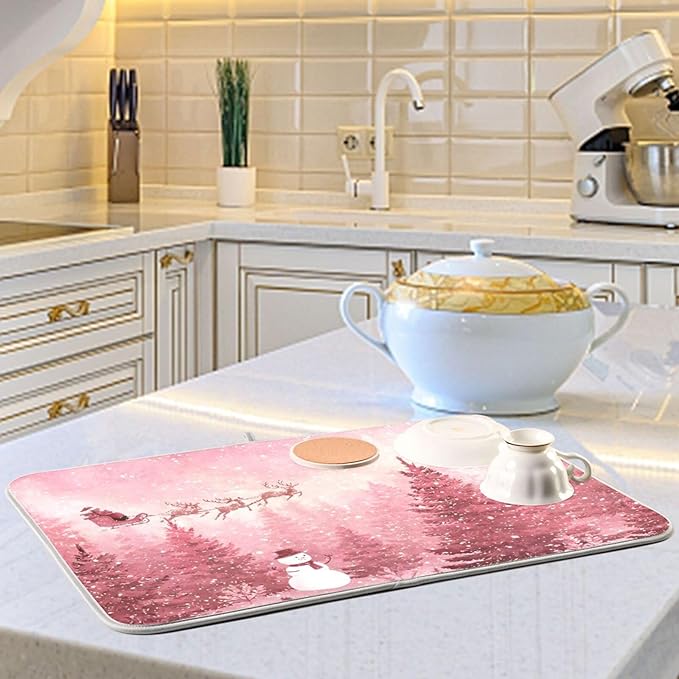Christmas Forest with Snow Falling Santa Dish Drying Mat for Kitchen Counter Super Absorbent Drying Mat 16x18 inch Large Dish Drying Matts for Countertop Protector Dishes Pad