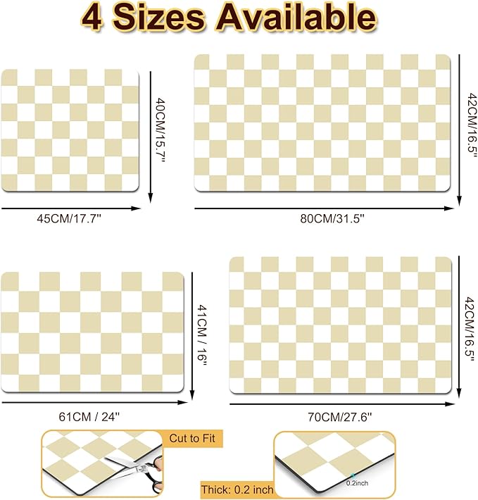 Checkered Dish Drying Mat for Kitchen, 16'' x 24'' Coffee Bar Mat for Countertops, Coffee Station Mats with Non-slip Rubber Backed, Absorbent Dish Dying Mat for Kitchen Counter, Beige & White