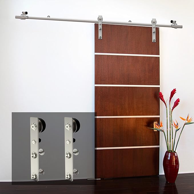 CCJH Stainless Sliding Barn Door Hardware Kit 6ft Heavy Duty for Single Wooden Door (Flat Shape Hanger)