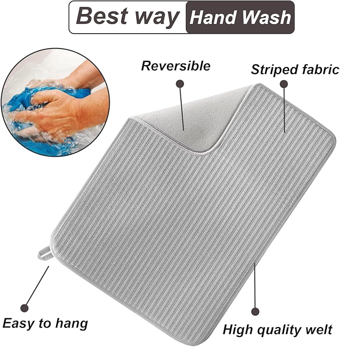 2 Pack Large Dish Drying Mat for Kitchen Counter,24*17 inch Microfiber Absorbent Dish Drainer,Large Size Dish Drying Pad for Countertops,Draining Racks,Sinks(Gray)