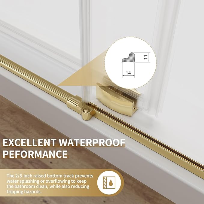 56-60" W x 74" H Frameless Sliding Shower Door, 5/16"(8mm) Clear Tempered Glass, Premium SUS304 Stainless Steel Hardware, Double Nano Coating, JVR-X02 (Brushed Gold)