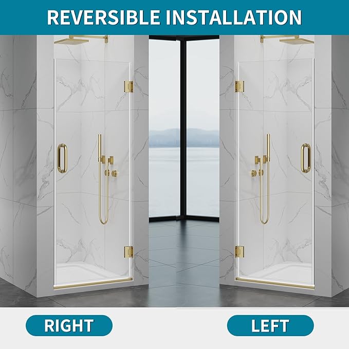 Framelss Single Swing Hinged Shower Door, 28" W x 76" H Pivot Shower Door, 5/16" (8mm) Tempered Glass with Nano Coating, SGCC Certified, Glass Door for Walk-in Shower - L02-28 (Brushed Gold)