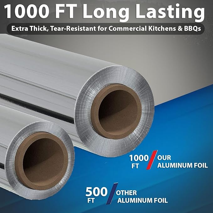 12" x 1000" (4 Pack) Standard Aluminum Foil Roll - Food Service Aluminum Roll - Commercial Grade Disposable Foil Roll for Food Service Industry and Home Use