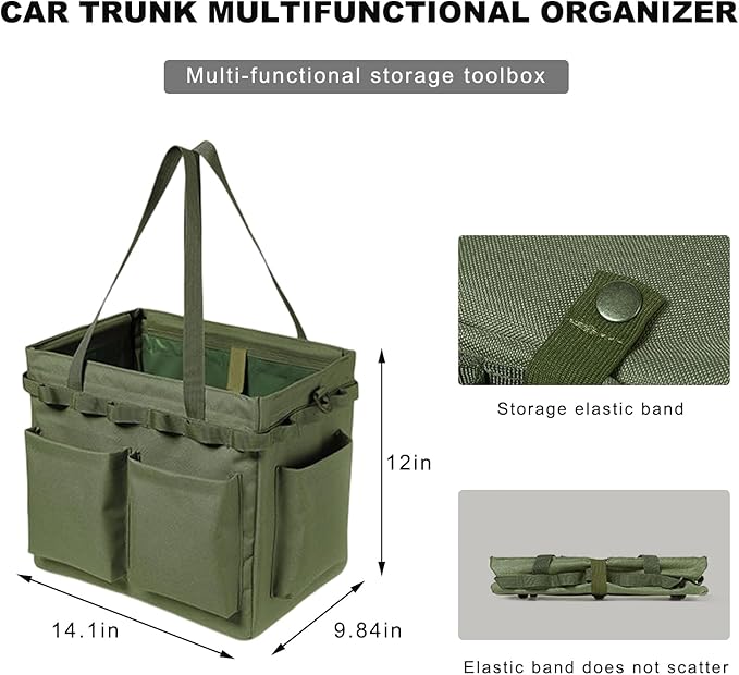 Car Trunk Organizer, Large Capacity Collapsible Tote Wearable Cleaning Caddy Bag w/Adjustable Straps, Multifunctional Vehicle Storage Box for Groceries Tools Cleaning Supplies (Army Green)