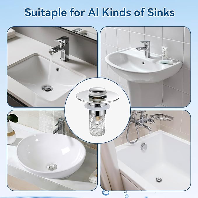 Universal Bathroom Sink Stopper & Hair Catcher, Stainless Steel Drain Filter Strainer, Anti-Clog Pop Up Drain Stopper for US Standard Bathroom Sinks(2PCS)