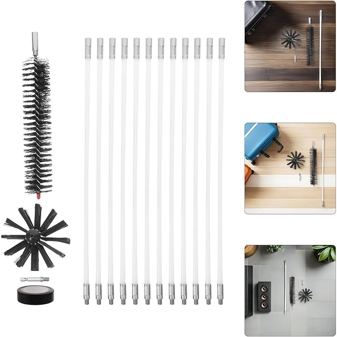 Chimney Cleaning Brush Set with Flexible Extendable Rods 4-Inch Wire Brush for Fireplace Stove Pipe Dryer Vent and Duct Cleaning 15Ft Reach Chimney Maintenance Kit