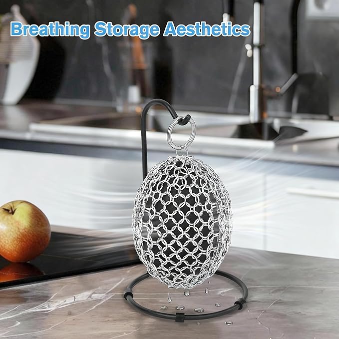 Cast Iron Scrubber & Scraper Set with Hook - Ergonomic 316 Chainmail Scrubber for Cast Iron Skillets, Dutch Oven, Baking Sheet, Crock Pot, Grills & More - Black Single Ring