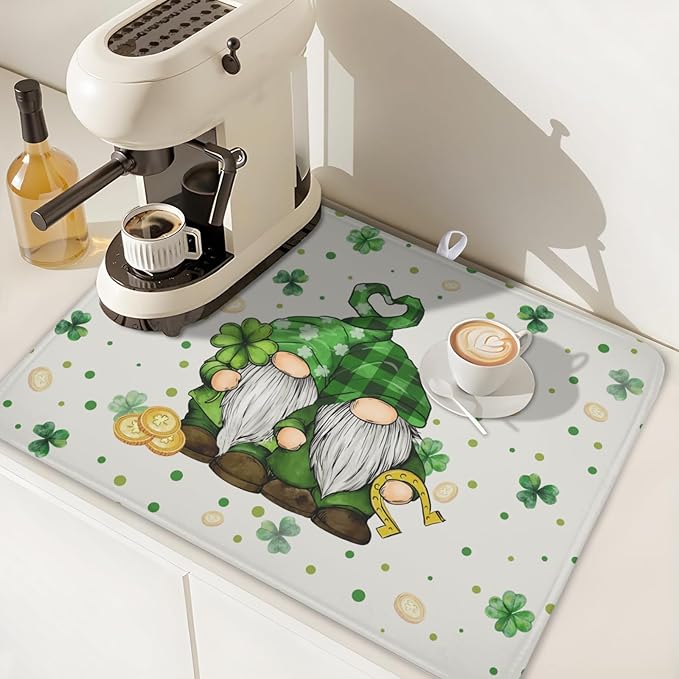 St Patrick's Day Gnome Dish Drying Mat for Kitchen Counter,Inch Lucky Shamrock Gold Coin Drying Mat 18 x 24 Inch with Absorbent Reversible Microfiber Dish Drying Pad for Coffee Bar