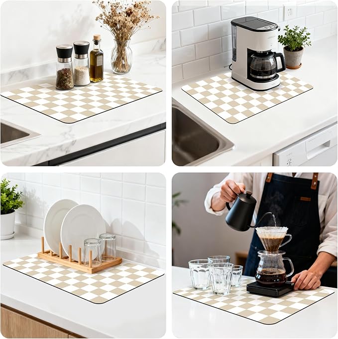 12" x 20" Checkered Dish Drying Mat for Kitchen Counter, Absorbent Coffee Bar Mat for Espresso Machine Coffee Countertops Accessories (Khaki)