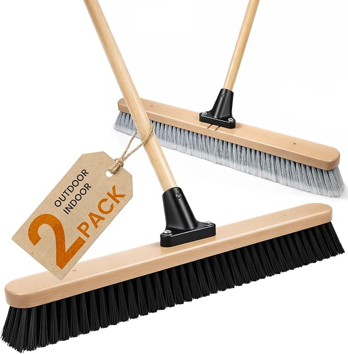 24-Inch Push Broom Set for Indoor & Outdoor Cleaning, Heavy Duty Sweeping Brooms with 61-Inch Solid Wood Handle, Soft & Stiff Bristle Combo for Garage, Shop, Patio & Home (2-Pack)