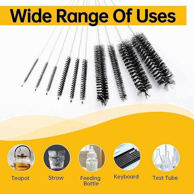 10-Pack Straw Cleaner Brush Set, 8.3" Long Nylon Tube Brushes with 304 Stainless Steel Handles for Bottles, Straws, Pipes, Coffee Makers & Narrow Neck Containers