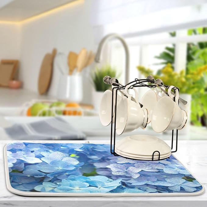 Tarity Blue Hydrangeas Dish Drying Mat for Kitchen Counter Absorbent Heat Resistant Microfiber Dishes Drainer Mat 18x24 in Large Dish Pad Sink Mat Protective Pad Kitchen Decor