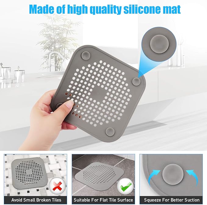 Square Drain Cover for Shower 5.7-inch TPR Drain Hair Catcher Flat Silicone Plug for Bathroom and Kitchen Grey/White Filter Shower Drain Protection Flat Strainer Stopper with Suction Cups (Grey+White)