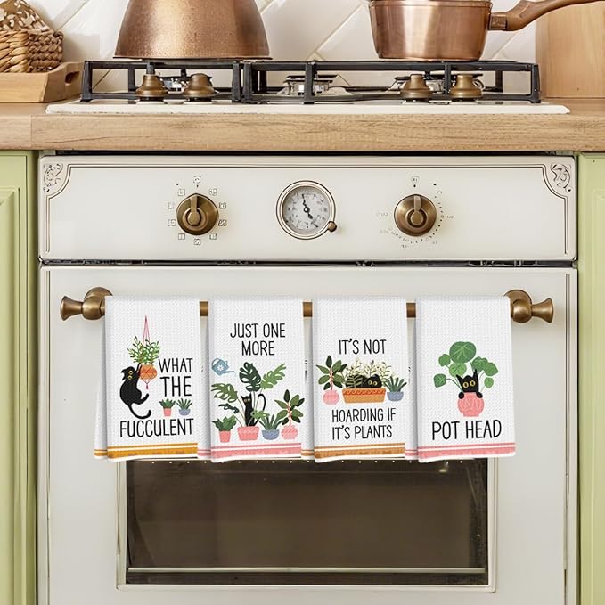 Hanamiya Na 4 Pcs Funny Cat Kitchen Towels, Plant Lover Gifts for Women Gardener Mom, Reusable Waffle Hand Towels for Bathroom Kitchen Home Farmhouse Decor, Cat Lover Gifts for Women, 24x14 Inch