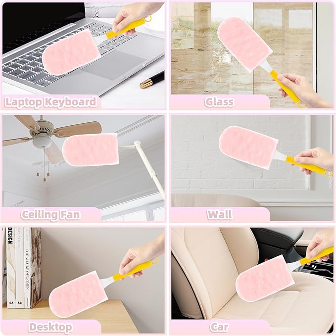 Heavy Duty Dusters Refills, Disposable Dusters Kit Compatible with Swiffer Handles, Multisurface Dusters+1 Extended Handle +1 Handle (Pink, 360°)