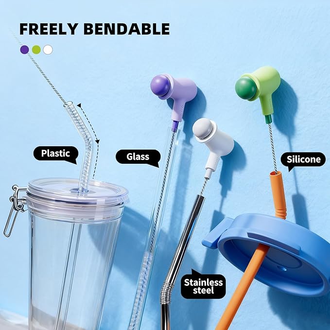3 Pack Straw Cleaner Brush with Crevice Cleaning Tool Drinking Straws Cleaning Brush for Sippy Cup Water Bottle Tubes Tumbler 2-in-1 Reusable Pea Long Straw Pipe Cleaner Brushes