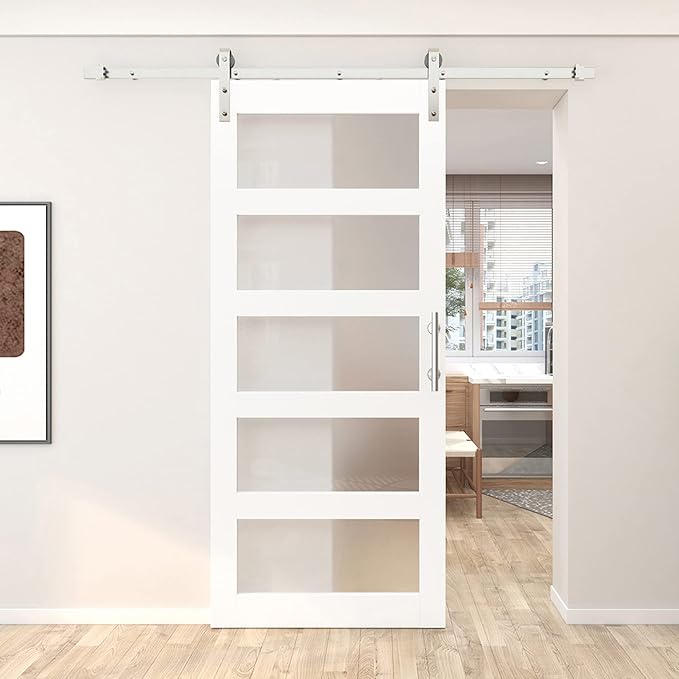 BARNSMITH 36in x 84in 5-Panel Glass Barn Door with 6.6FT Brushed Nickle Sliding Door Hardware Included & Handle, Frosted Glass Solid Wood Water-Proof PVC Surface,Pre-Drilled Easy Assembly,White
