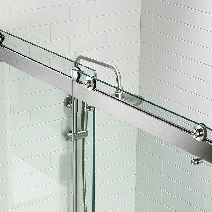 Woodbridge Frameless Shower Doors 56-60" Width x 76" Height with 5/16"(8mm) Clear Tempered Glass, 2 Ways Opening & Double Sliding in Brushed Nickel Finish