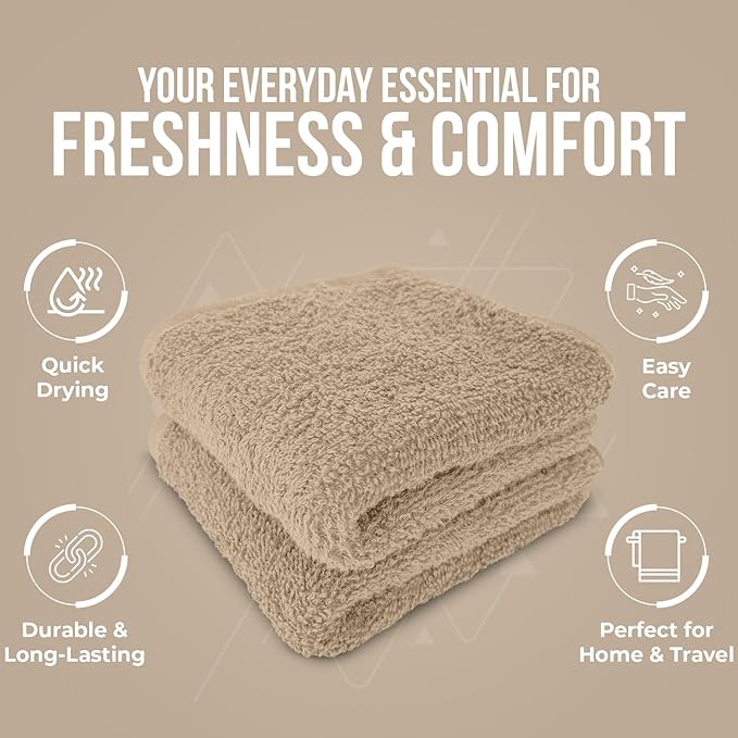 DAN RIVER 12 Pack Wash Cloths for Showering [12x12] - 100% Cotton Washcloths Premium Quality Flannel Face Cloths for Bathroom, Highly Absorbent and Soft Feel Wash Clothes, Tan
