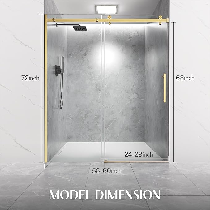 Frameless Sliding Shower Door 56-60" W x 72" H, 5/16" (8mm) Heavy Duty Tempered Glass, Brushed Golden Finish, Single Sliding Walk-in Shower Glass Door, Reversible Installation, Smooth & Quiet Gliding