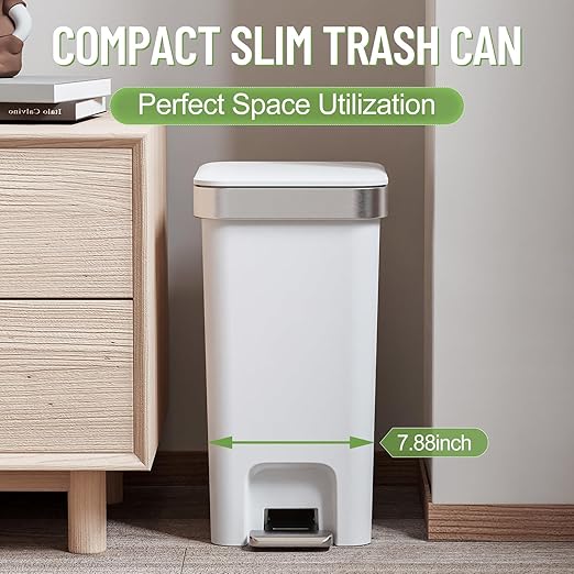 2 Pack Bathroom Garbage Can with Lid, 2.6 Gallon /10 Liter Small Trash can, Press Top Bin & Step Metal Pedal Trash Bin, Mini Waste Basket for Bedroom, Home Office, Toilet, Dorm (Grayish-White)