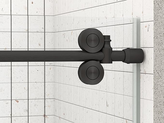Sunrosa 44"-48" W x 76" H Frameless Shower Door, Sliding Shower Door with Handle, Glass Shower Door with 5/16" (8 mm) Clear SGCC Tempered Glass, Matte Black