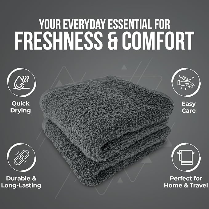 DAN RIVER 12 Pack Wash Cloths for Showering [12x12] - 100% Cotton Washcloths Premium Quality Flannel Face Cloths for Bathroom, Highly Absorbent and Soft Feel Wash Clothes, Black, Grey & White