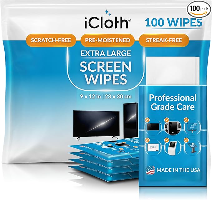 iCloth XL Screen Cleaning Wipes, Lint-Free and Streak-Free, Fast-Drying, Removes Dust, Fingerprints, and Smudges (100 XL Wipes)